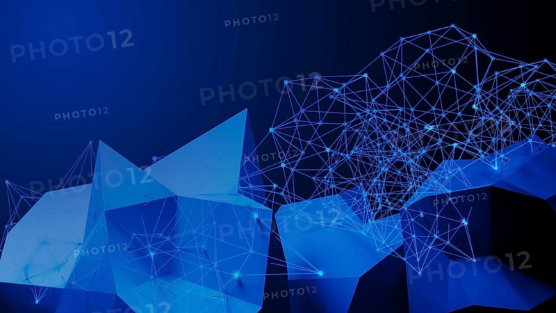 This composition features an intricate design of blue geometric shapes connected by glowing lines, representing a blend of technology and abstract art in a modern style