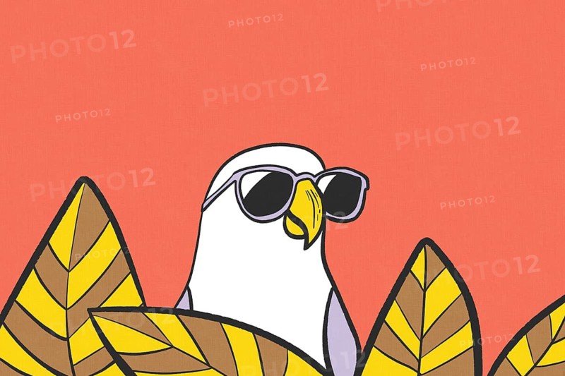 Illustration of a cool eagle wearing sunglasses, surrounded by vibrant foliage, set against a bold red background, capturing a playful summer vibe