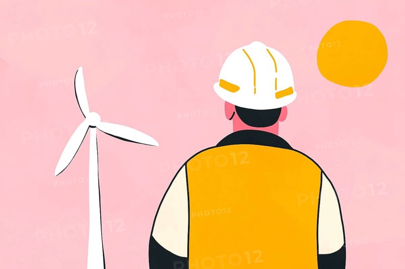 An illustration of an engineer with a hard hat gazing at a wind turbine. Set against a soft pink background, this image symbolizes clean energy and sustainability