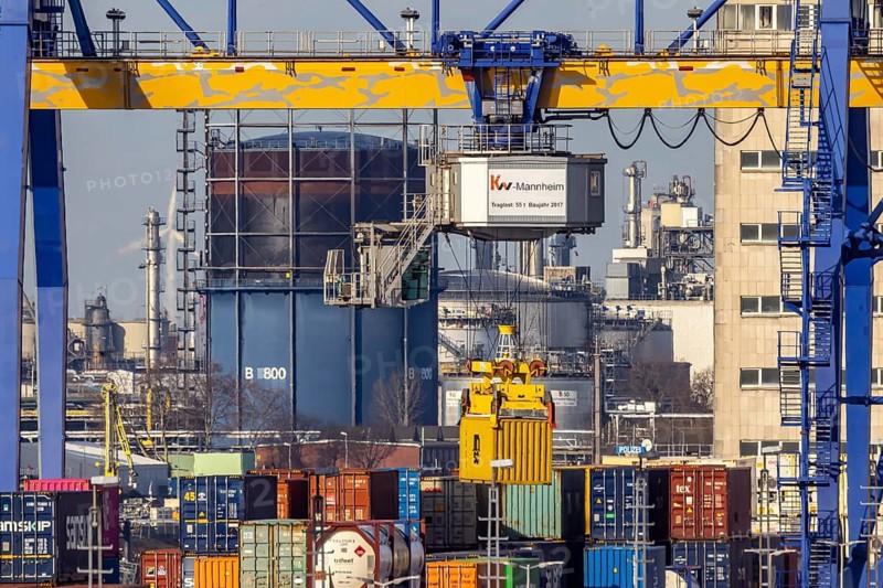 The port of Mannheim is one of the most important inland ports in Europe. The harbor basins stretch across the Rhine and Neckar. Container terminal in Mühlauhafen. Mannheim, Baden-Württemberg, Germany