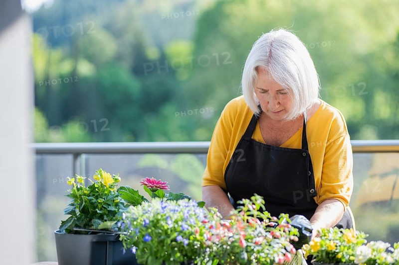 A senior woman wearing a yellow shirt and black apron tends to potted flowers on a balcony. Surrounded by greenery, she enjoys a peaceful gardening moment in the fresh air