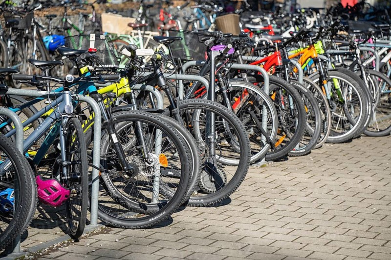 Parked bikes, lined up in front of a school, Constance, Konstanz district, Baden-Württemberg, Germany