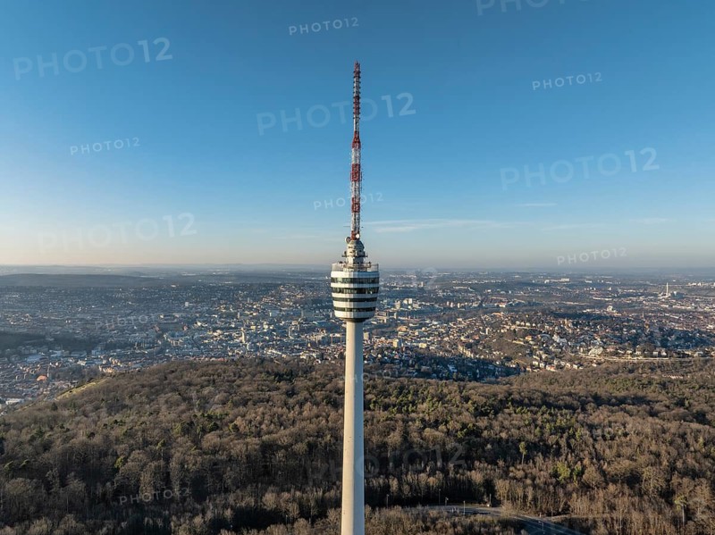 Aerial view of the 216.6 metre high Stuttgart television tower, observation tower, restaurant, radio transmitter, tourist attraction and historical landmark, in operation since 1956. Behind it the state capital Stuttgart, Degerloch, Baden-Württemberg, Germany