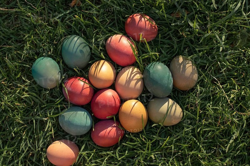 A collection of colorful easter eggs is displayed on lush green grass, capturing the festive spirit. The eggs vibrant hues stand out in the natural setting, suggesting a joyful occasion