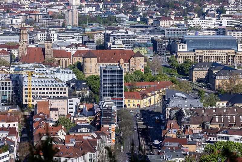 View of Stuttgart city centre. Charlottenplatz, Old Palace, New Palace, Königsbau, Collegiate Church. Stuttgart, Baden-Württemberg, Germany