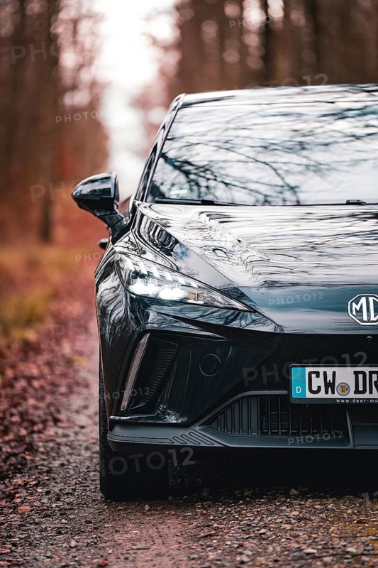 Detailed view of a black car with illuminated headlights in the forest, e-car sharing vehicle from Deer Mobility, Gechingen, Black Forest, Germany