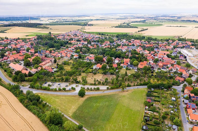Aerial view of the village of Drübeck with monastery and St Bartholomew's Church, Ilsenburg, Harz, Saxony-Anhalt, Germany