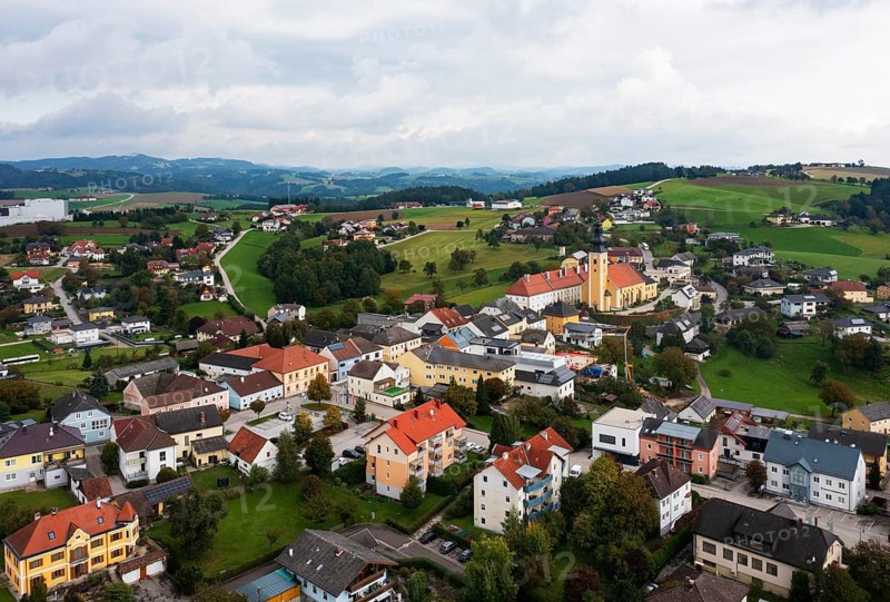 Drone image, view of village with parish church, Münzbach, Mühlviertel, Upper Austria, Austria