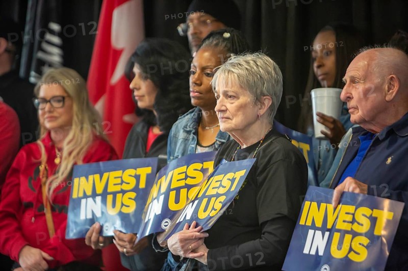 Warren, Michigan USA - 6 May 2025 - Members of the United Auto Workers who work at Stellantis rally, demanding that the company bring auto jobs back to Michigan. UAW leaders note that Stellantis has substantial excess capacity at its American plants