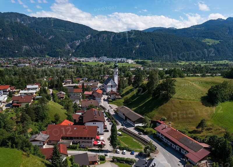Drone image, view of village with parish church, Breitenbach am Inn, Inntal, Tyrol, Austria