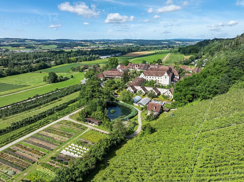 Aerial view of Ittingen Charterhouse, a former Carthusian monastery, today a cultural centre, conference centre, museum, hotel, restaurant and estate, Warth-Weiningen, Canton Thurgau, Switzerland