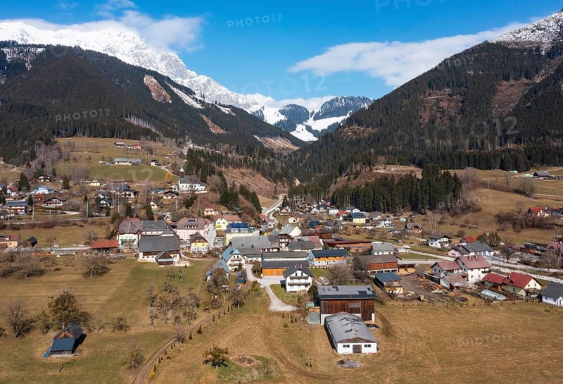 Drone image, residential buildings, view of town, Ardning, Ennstal, Styria, Austria