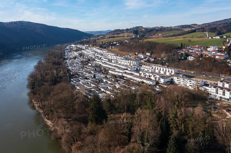Drone image, housing estate, apartment blocks and high-rise estate, Puchenau, Linz Land district, Danube, Upper Austria, Austria