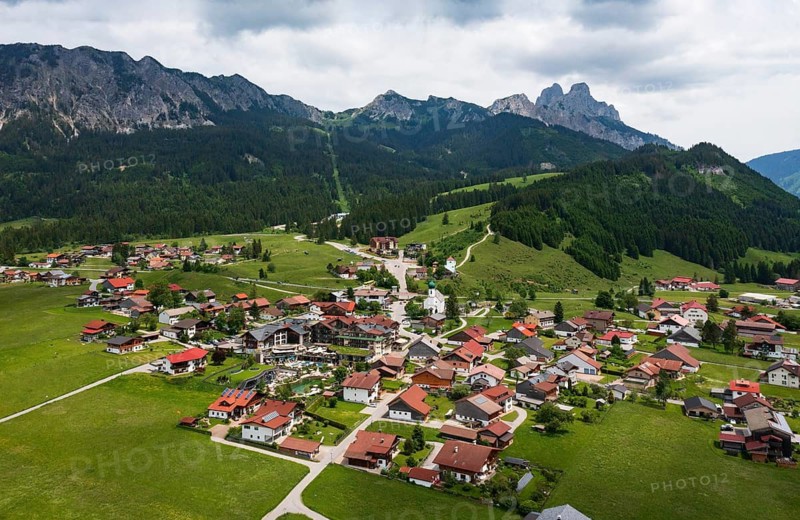 Drone image, view of the village, Grän, Tannheimer Tal, Reutte district, Tyrol, Austria