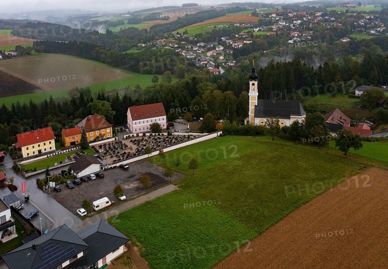 Drone image, residential buildings, view of village with church, Brunnenthal, Innviertel, Upper Austria, Austria