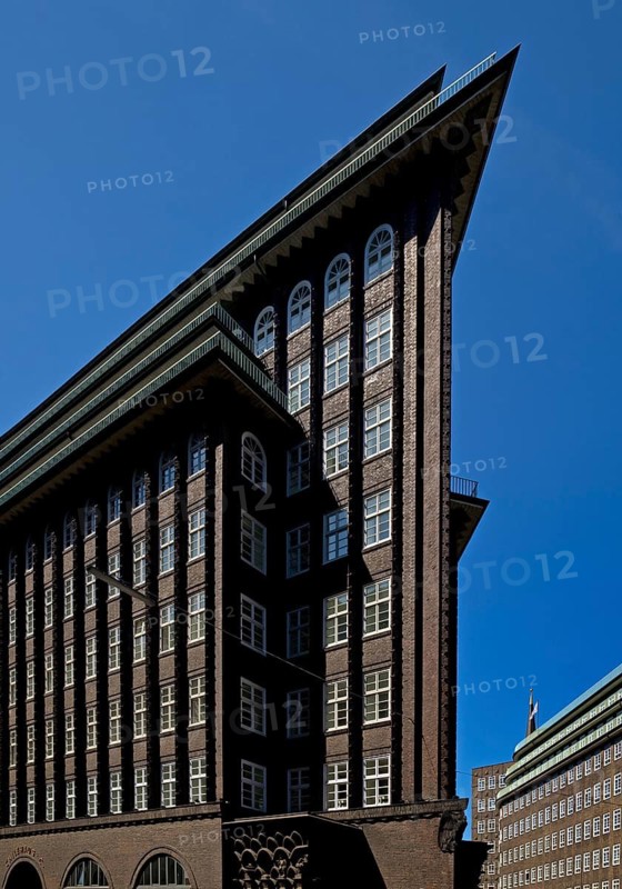Chilehaus, with its spire reminiscent of a ship's prow and the Sprinkenhof, UNESCO World Heritage Site, Hamburg, Germany