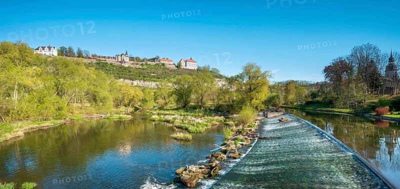 The Dornburg Palaces across the Saale River with Weir, Renaissance Castle, Rococo Castle and Old Castle, Saale Valley, Dornburg-Camburg, Thuringia, Germany