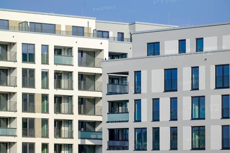 Essen, North Rhine-Westphalia, Germany - residential construction in the Ruhr area. New building district in Essen's southern quarter. LITERATUR-QUARTIER with six to eight-storey buildings in the energy-saving KfW Efficiency House Standard 55. LEG rents 236 apartments here, including 52 price-based social housing