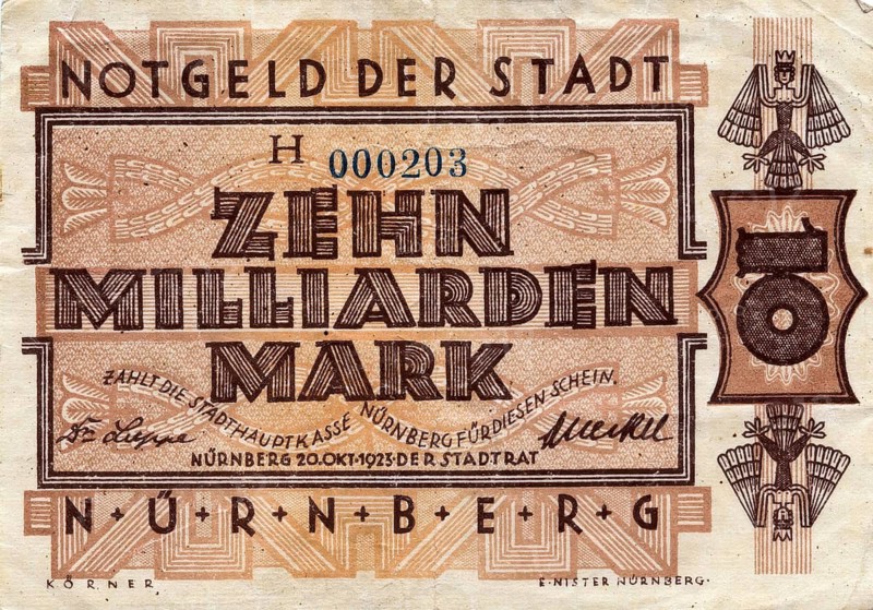 Banknote, emergency money of the city of Nuremberg, 1923, 10 billion marks, Germany, reproduction of a historical banknote