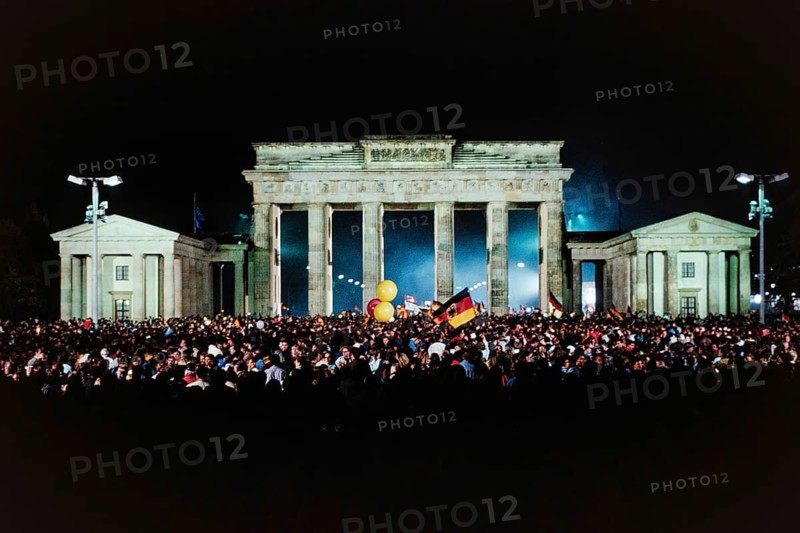 Historic photo of the reunification ceremony on October 3, 1990 at the Brandenburg Gate, Berlin, Germany