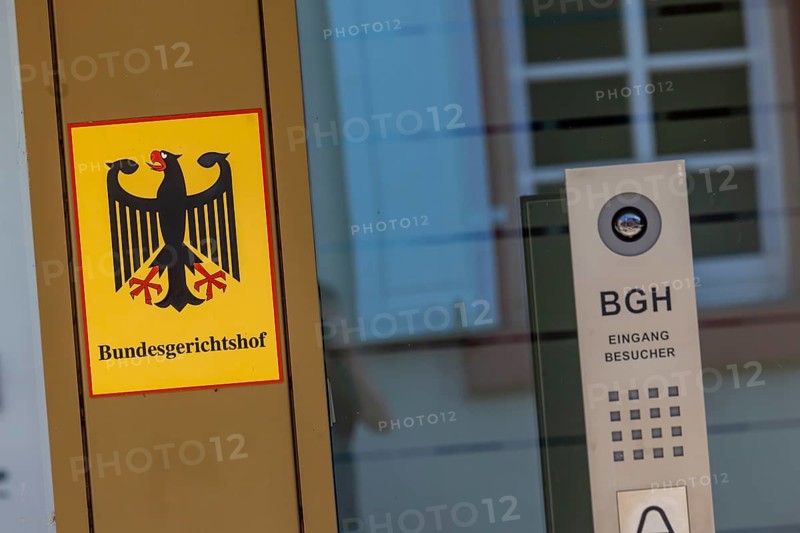 The Federal Court of Justice (BGH) is the highest court of the Federal Republic of Germany in the area of ordinary jurisdiction and thus the final instance in civil and criminal proceedings. Official sign with federal eagle at the seat of the court in Karlsruhe, Baden-Württemberg, Germany