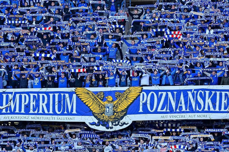 POZNAN, POLAND - FEBRUARY 19, 2023: Football match Polish PKO Ekstraklasa between Lech Poznan vs KGHM Zaglebie Lubin 1:2. Cheering supporters of Lech.