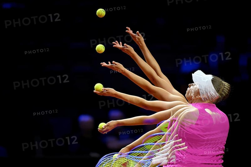 Action, Serve Elise Mertens (BEL) Multishot Multiple Exposure, Feature, Women's Porsche Tennis Grand Prix Porsche Arena, Stuttgart, Baden-Württemberg, Germany
