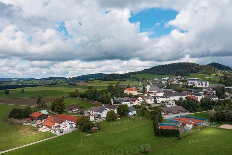 Drone image, view of the village with parish church, Grünbach near Freistadt, Mühlviertel, Upper Austria, Austria