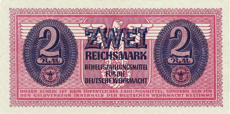 Banknote, banknote, emergency money, 2 Reichsmark, makeshift means of payment for the German Wehrmacht, 1942, Germany, reproduction of a historical banknote