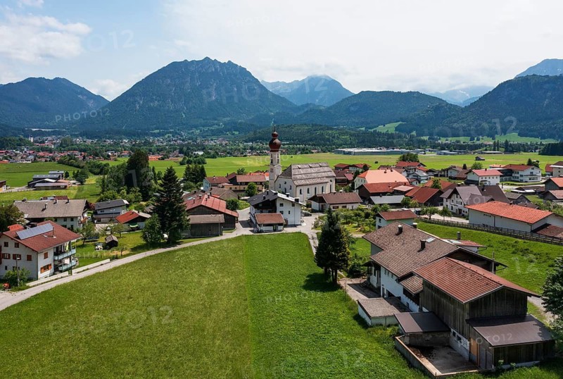 Drone image, view of the village with parish church, Wängle, Rettener Becken, Tyrol, Austria