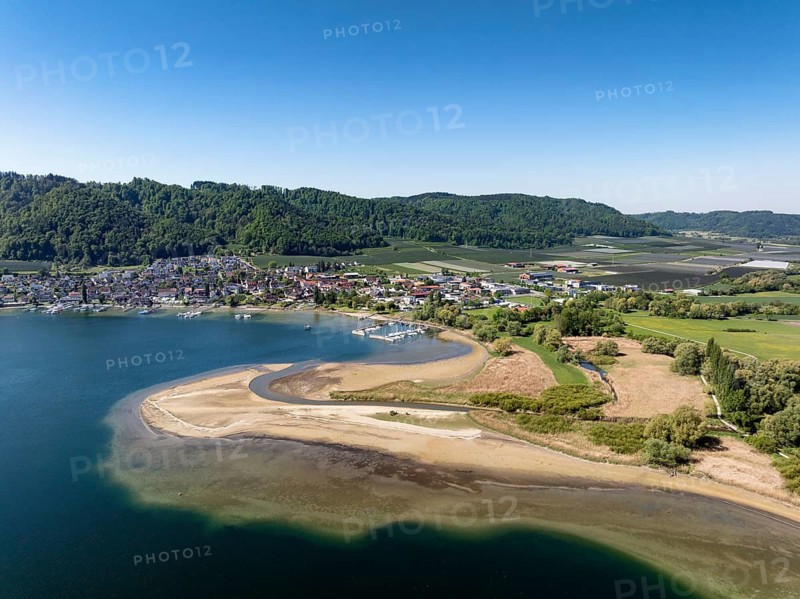 Aerial view of the mouth of the Stockacher Aach at low water, which flows into Lake Überlingen. The sedimentation of the suspended matter and sediment carried by the tributary is gradually silting up the shore zone near Bodman-Ludwigshafen. Lake Constance, district of Constance, Baden-Württemberg, Germany