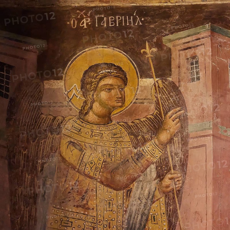 Ancient fresco of an angel with halo and rich robe, monastery, Moni Thari, near Gadouras reservoir, lonely mountain region, Rhodes, Dodecanese, Greek Islands, Greece