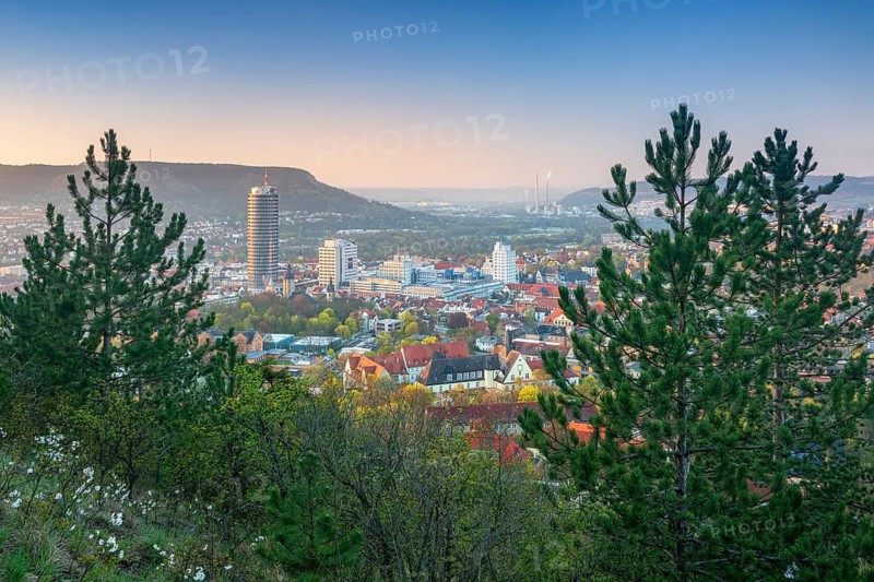 City view in the first morning light with JenTower and Friedrich-Schiller University, view from the Landgrafen mountain in spring, Jena, Saaletal, Thuringia, Germany