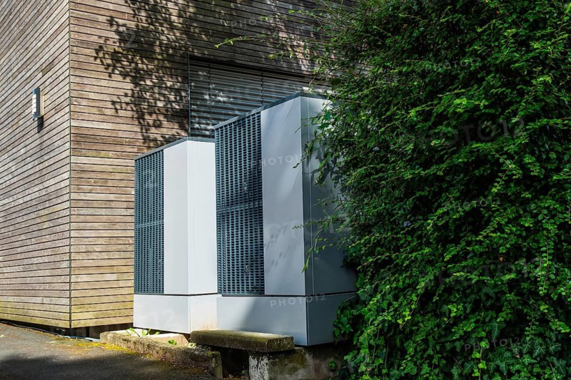 Two heat pumps in front of a house in Düsseldorf, Germany