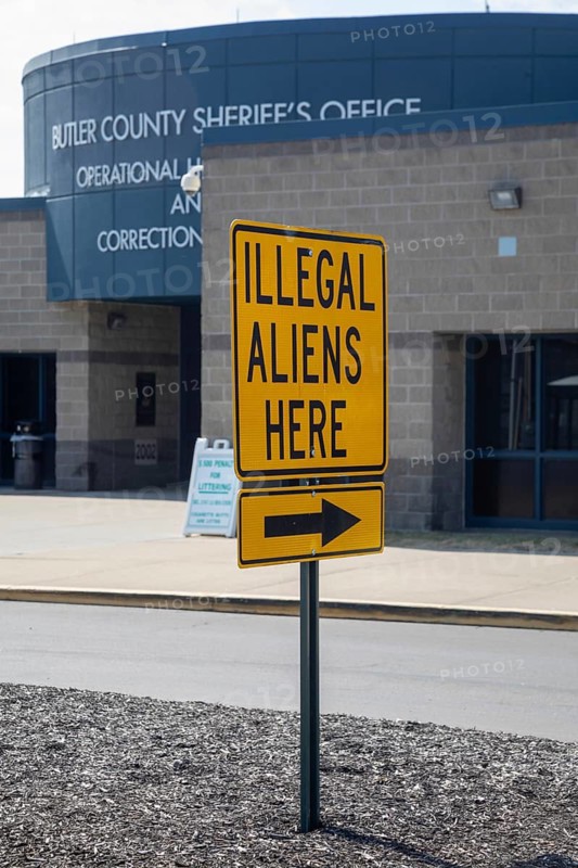 Hamilton, Ohio USA - 13 March 2025 - The Butler County, Ohio Jail, where Sheriff Richard Jones has posted a sign reading 'Illegal Aliens Here.' He has begun holding undocumented immigrants under a contract with Immigration and Customers Enforcement (ICE)