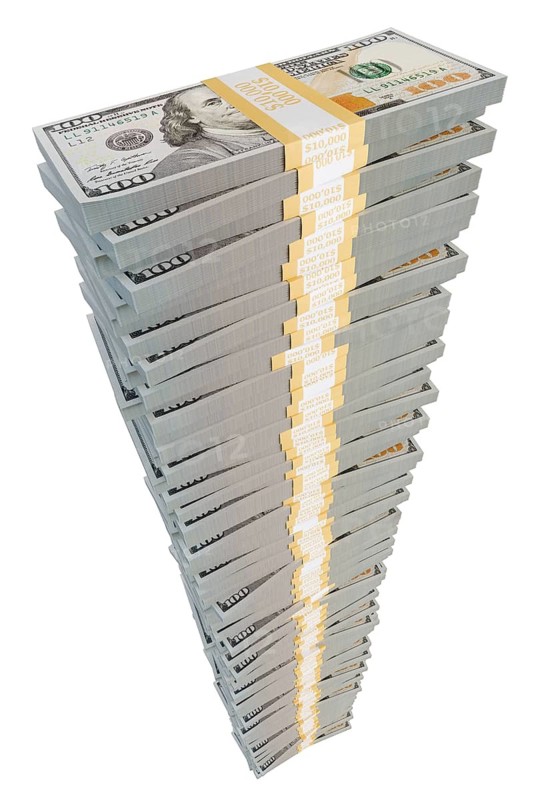Tall stack of one million dollars in one hundred dollar bills isolated on a white background