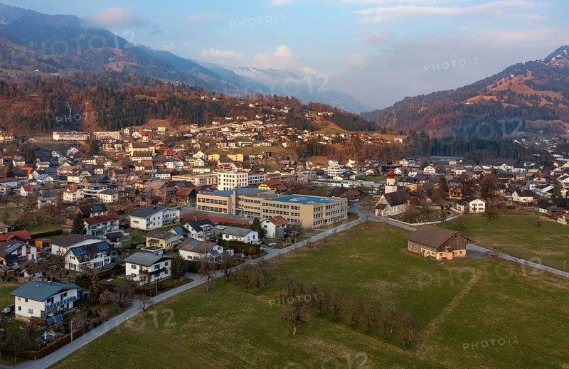 Drone image, residential buildings, settlement area, parish church, Thuringia, Großes Walsertal, Vorarlberg, Austria