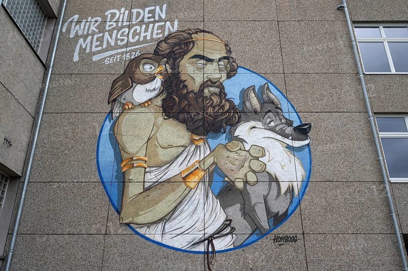 Painting by Philipp Melanchton on a wall of the Melanchton Gymnasium, Nuremberg, Middle Franconia, Bavaria, Germany