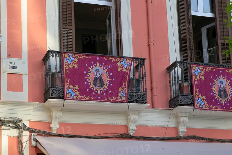 Balcony decorated for Semana Santa, Malaga, Spain