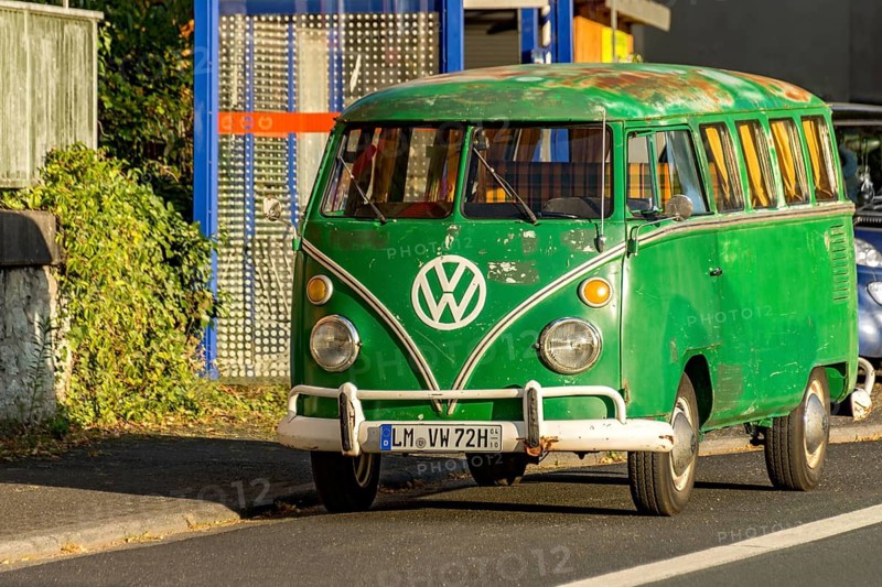 Volkswagen VW Type 2 Transporter, VW Bus T1, Bulli, vintage car built 1950 to 1967, green painted camper van, dilapidated, not restored, Runkel, Hesse, Germany
