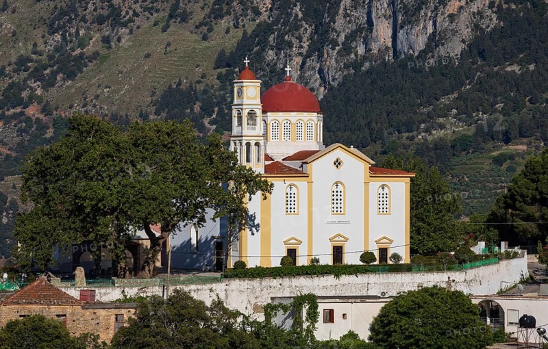 Mountain village of Lakkoi with Agios Antonios church, Crete, Greece