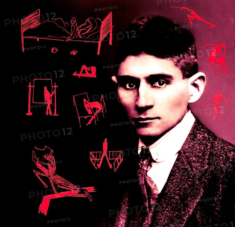 Portrait and a drawing of Franz Kafka, German-speaking Bohemian novelist, digitally edited according to a photograph