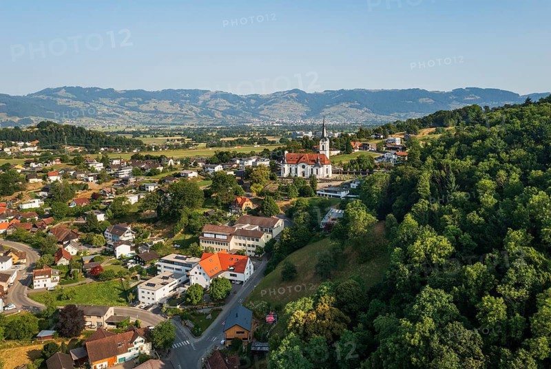 Drone image, view of town with parish church, Koblach, Rhine Valley, Vorarlberg, Austria