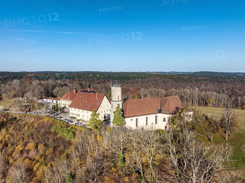 Aerial view of the 983 metre high Dreifaltigkeitsberg in the district of Spaichingen with the pilgrimage church, Dreifaltigkeitskirche and former monastery complex, Swabian Alb, Tuttlingen district, Baden-Württemberg, Germany
