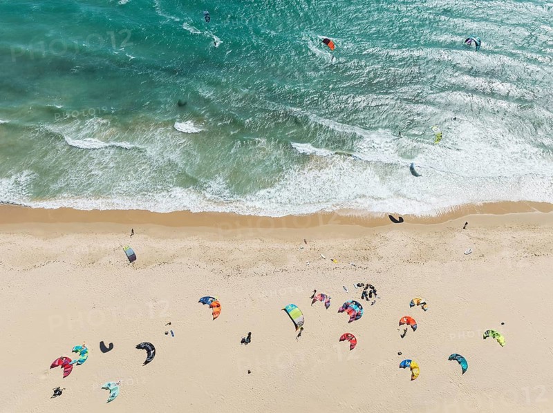 Kite surfers at the Valdevaqueros beach near Tarifa. Aerial view. Drone shot. Cádiz province, Andalusia, Spain