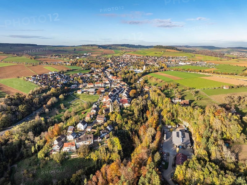 Aerial view of the town of Tengen, during the 734th Schätzele market, one of the most important folk festivals in South Baden, market and amusement park, Hegau, district of Constance, Baden-Württemberg, Germany