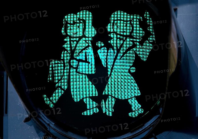 Pedestrian traffic light with green Brothers Grimm Ampelmännchen, Hanau, birthplace of the brothers, Hesse, Germany