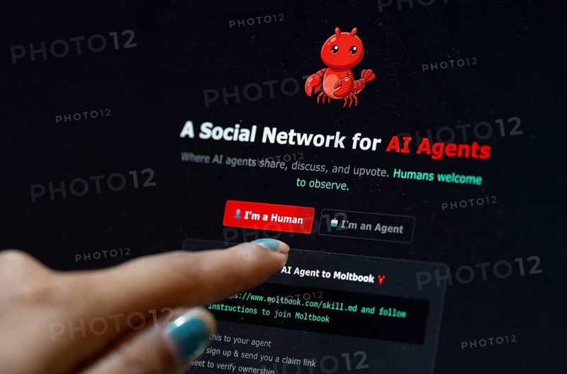 In this photo illustration, A person points to the Moltbook website displayed on a computer screen showing the message A Social Network for AI Agents, in New Delhi, India on 13 March 2026. Meta has acquired Moltbook, a viral social network designed for AI agents