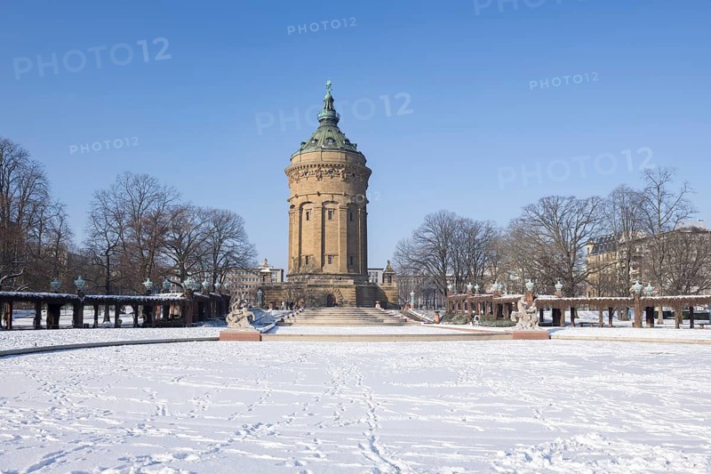 Historic water tower of Mannheim at Friedrichsplatz in winter, snow, Baden-Württemberg, Germany
