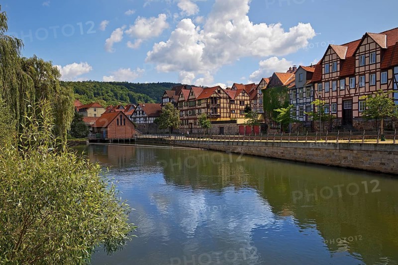 Town view with half-timbered houses and the river Fulda, Hann. Münden or Hannoversch Münden, Lower Saxony, Germany